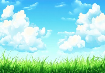 Obraz premium Beautiful blue sky with white clouds over a green grass field background. professional, high-resolution image that is beautiful, clean, simple, stunning, relaxing, calming, and peaceful. 