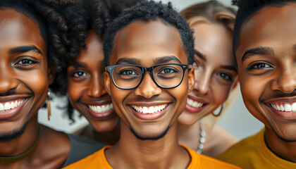 Fototapeta premium Collection of closeup portraits of cheerful multiracial people, enhance. isolated with white highlights