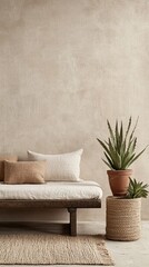 Serene bedroom corner with natural elements in neutral tones