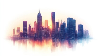 Obraz premium Vibrant city skyline at sunrise, reflected in water. (1)