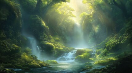 A serene waterfall cascading through a vibrant green forest with sunlight filtering through the trees.