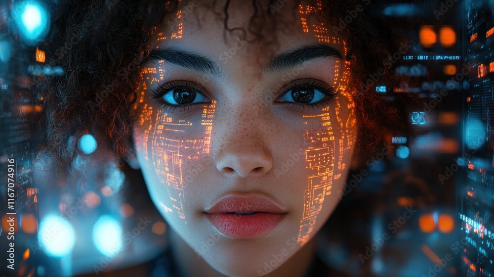 Aufkleber cybersecurity concept woman in digital world with ai analysis of cyber threats and data privacy in f