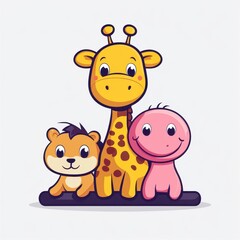 Cute Cartoon Animals Featuring a Giraffe, Lion Cub, and a Friendly Pink Character for Kids Illustrations, Educational Materials, and Fun Designs