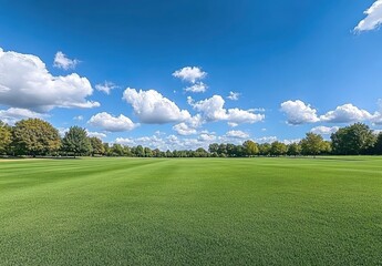 Beautiful blue sky with white clouds over a green grass field background. professional, high-resolution image that is beautiful, clean, simple, stunning, relaxing, calming, and peaceful. 