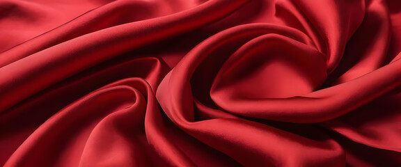Closeup of rich red satin fabric. Deep folds and soft curves showcase the luxurious texture and glossy sheen of the material.
