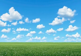 Obraz premium Beautiful blue sky with white clouds over a green grass field background. A photo of an empty meadow with clear skies and space for design. High-quality photo. 