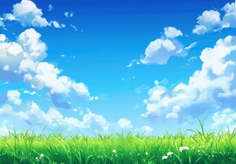 Obraz premium Beautiful blue sky with white clouds over a green grass field, a summer landscape background. The image is high resolution and has ample copy space for text.
