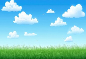 Obraz premium Beautiful blue sky with white clouds over a green grass field, a summer landscape background. The image is high resolution and has ample copy space for text.