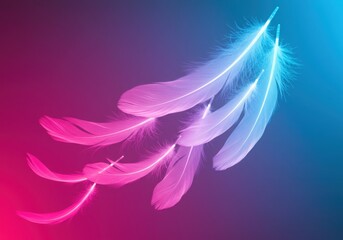 Obraz premium Bright pink feathers on a reflective surface illuminated by vibrant blue and pink lights