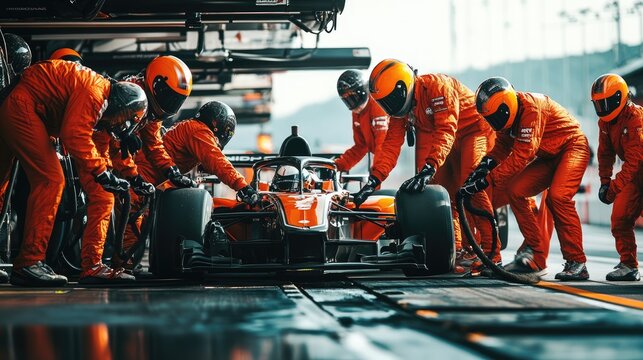 Professional pit crew ready for action as their team's race car arrives in the pit lane during a pitstop of a car race, concept of Professional teamwork.
