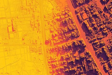 Fototapeta premium Aerial city view, warm tones, grid pattern, buildings.