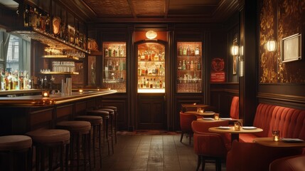 Prohibition era speakeasy, hidden behind a secret door, where patrons enjoy smuggled liquors, jazz music, and delectable small plates illustration