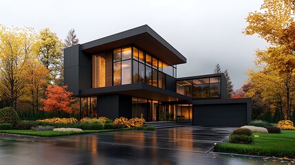 Obraz premium Professional parent portrait, elegant casual attire, modern mansion exterior, warm golden ambiance Ultra-Realistic, Photo Realistic, highly detailed, 