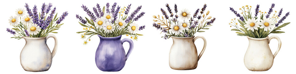 Assortment of Floral Bouquets in Vintage Ceramic Pitchers on Wooden Table