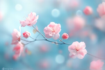 Fototapeta premium Delicate Pink Cherry Blossom Branch with Soft Blue Background