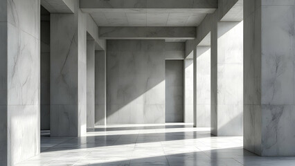 Fototapeta premium A sunlit, minimalist hallway with sleek marble columns, walls, and flooring. Clean lines and shadows create a modern aesthetic.