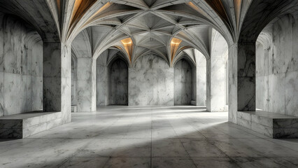 A digitally rendered image showcases a grand hallway with marble columns, a vaulted ceiling, and a stone floor. Subtle lighting highlights the architectural details. The space is minimalist and elegan