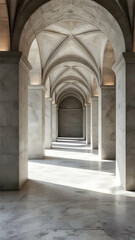 Obraz premium A long corridor with arched ceilings and stone columns. Sunlight casts shadows on the grey marble floor. The perspective creates a sense of depth and elegance.
