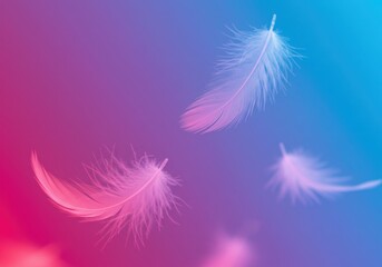 Obraz premium Bright pink feathers on a reflective surface illuminated by vibrant blue and pink lights