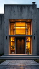 Fototapeta premium A contemporary homes entrance features a concrete facade, illuminated interior, glass windows, double wooden doors, and a stone pathway. Warm lighting creates a welcoming ambiance.