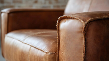 A close-up of a modern leather armchair, showcasing the fine stitching and texture of the material.