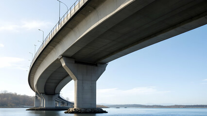 A large concrete highway bridge stretches over calm water, its massive pillars grounded on rocky shores. The sky is clear and blue, providing a stark contrast to the grey bridge.