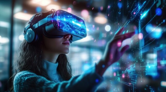 Futuristic Office Scene with Woman Using Virtual Reality Headset Surrounded by Holographic Data Streams in Cyberpunk Style