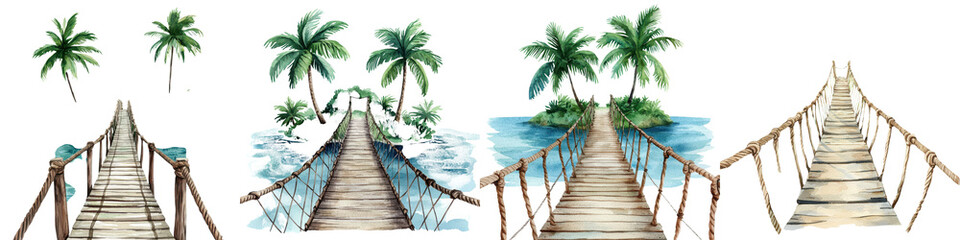 Obraz premium Iconic tropical island bridges connecting stunning palm fringed shores and turquoise waters Wooden walkways and suspension bridges leading to idyllic paradise beaches and scenic