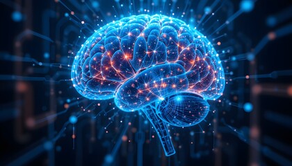 Abstract Human Brain with Artificial intelligence (AI), humanoid head with neural networks. AI with Digital Brain is learning processing big data, analysis information, 3D rendering
