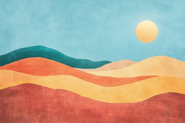 Beautiful desert landscape with a blue sky and sun in the background, Death Valley National Park. The text is written on top of an abstract background with beautiful colors, a grainy texture