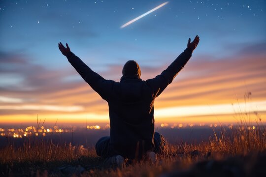 A man is sitting on a hillside, looking up at the sky