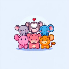 Obraz premium Adorable Cartoon Animals Grouping Together with Love and Friendship in a Playful Design, Featuring Cute Elephants, a Monkey, and Other Delightful Creatures