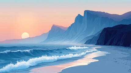 Fototapeta premium Serene sunset over ocean cliffs and beach.