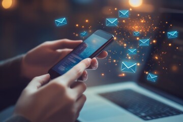 Close up of hands with smartphone checking email notifications amidst floating envelope icons
