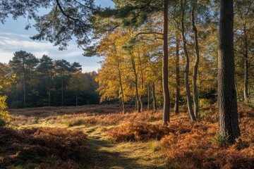 Fototapeta premium Beautiful forest landscape with sunlight filtering through the trees in autumn. A peaceful natural scene of green pine and oak woods in fall colors. High-resolution photography. 