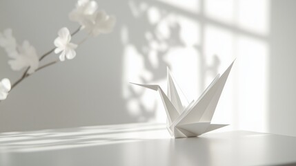 A white paper crane sculpture placed on a table with soft shadows and light.