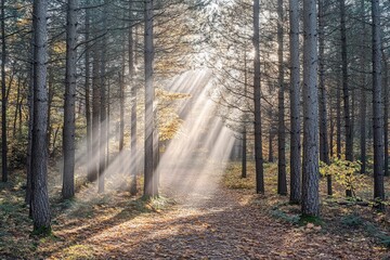 Naklejka premium Beautiful forest landscape with sunlight filtering through the trees in autumn. A peaceful natural scene of green pine and oak woods in fall colors. High-resolution photography. 