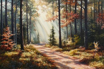 Obraz premium Beautiful forest landscape with sunlight filtering through the trees in autumn. A peaceful natural scene of green pine and oak woods in fall colors. High-resolution photography. 