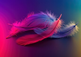 Obraz premium Bright pink feathers on a reflective surface illuminated by vibrant blue and pink lights