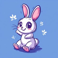 Fototapeta premium Adorable Cartoon Bunny Character Sitting Cheerfully on Blue Background Surrounded by White Flowers, Perfect for Children's Illustrations and Creative Projects