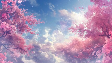 Fototapeta premium A beautiful scene of pink cherry blossom trees under a bright blue sky with fluffy clouds.