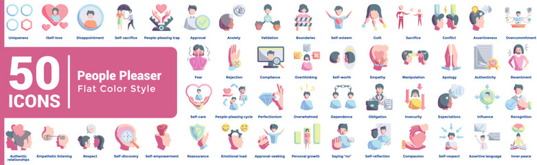 People Pleaser 50 icon set in flat color style