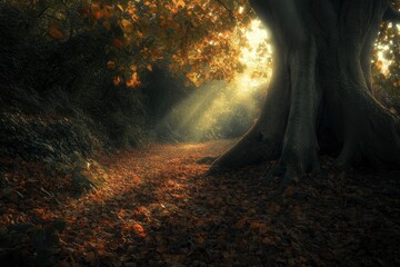 Beautiful forest landscape with sunlight filtering through the trees in autumn. A peaceful natural scene of green pine and oak woods in fall colors. High-resolution photography. 
