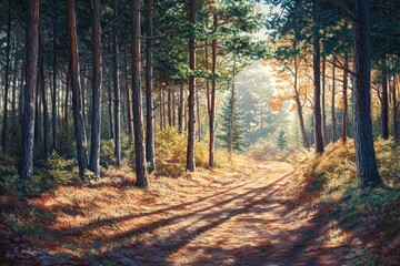 Obraz premium Beautiful forest landscape with sunlight filtering through the trees in autumn. A peaceful natural scene of green pine and oak woods in fall colors. High-resolution photography. 