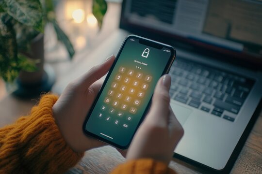 Close up of secure login smartphone passcode entry in a professional home office setting