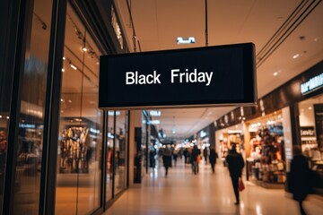 Stylish minimalistic black friday sign in a cozy shopping mall with shoppers in the background