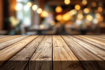 Wooden table countertop with a blurred bokeh background featuring warm light tones, ideal for product presentation or display concepts. Ai generative