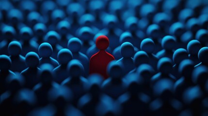 Fototapeta premium A single red figure stands out in a sea of blue figures, symbolizing individuality and uniqueness.