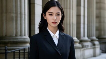 Beautiful young adult lawyer business woman professional in a suit at the courthouse