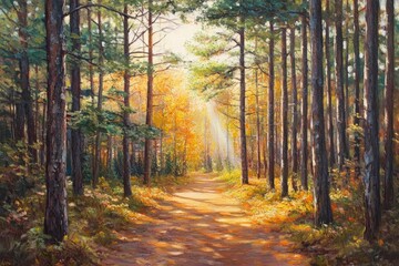 Obraz premium Beautiful forest landscape with sunlight filtering through the trees in autumn, a colorful forest background, sunlight rays shining on the ground and tall pine tree trunks with green leaves and orange